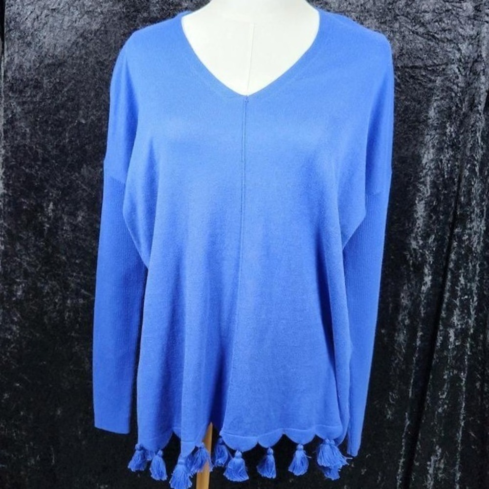 Lilly Pulitzer Blue V-Neck Tassel Scallop Hem Coolmax Sweater XS 29867